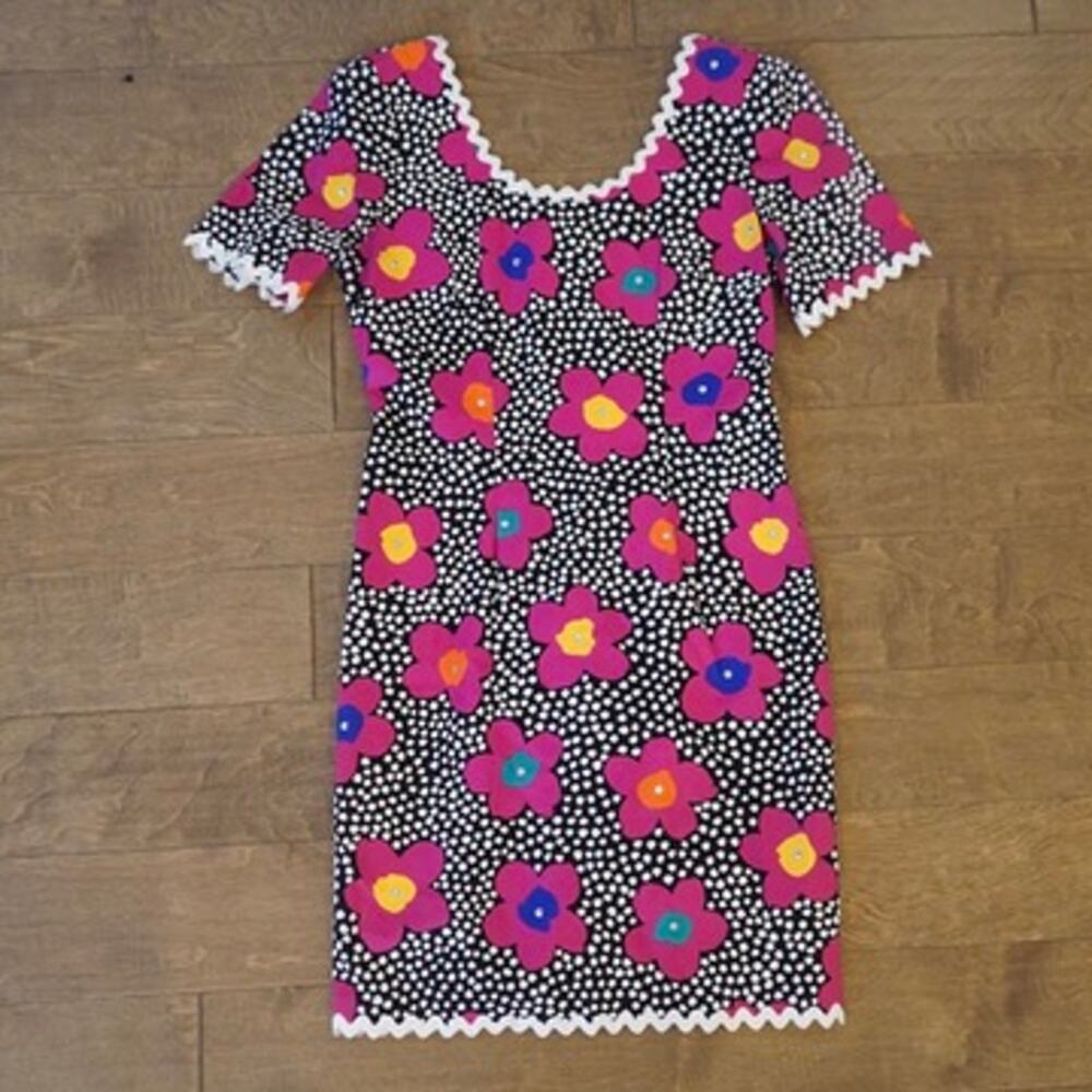 VTG Misty Lane Floral Mini Shift Dress 70s Mod Polka Dot Rhinestone Size 7/8